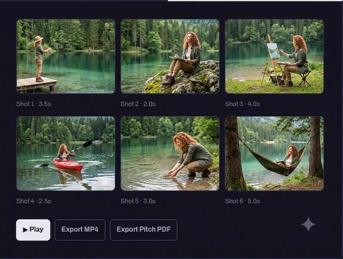 Storyboard panel grid with six shots and Play, Export MP4, and Export Pitch PDF controls